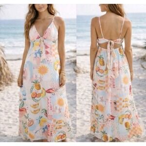 NWT Paper Heart Anthropologie Linen Blend Maxi Dress M Pink Fruit Print Strappy